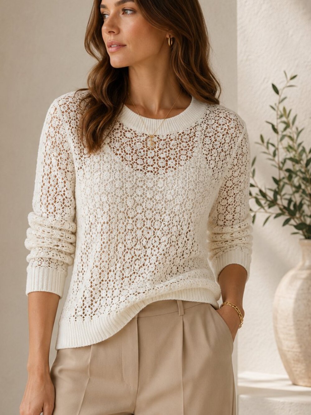 Thakoon Addition Ivory Crochet Lace Open Knit Cotton Sweater Size 8